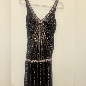 Sue Wong Nocturne Black and Dusty Rose Beaded Backless Dress 100% silk
